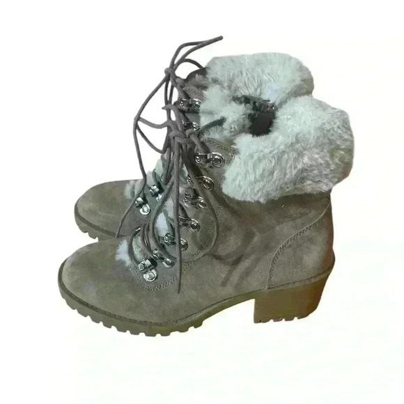 Madden Girl Lace Up Tan Boots with Fur Trim Size 7 - Picture 3 of 7